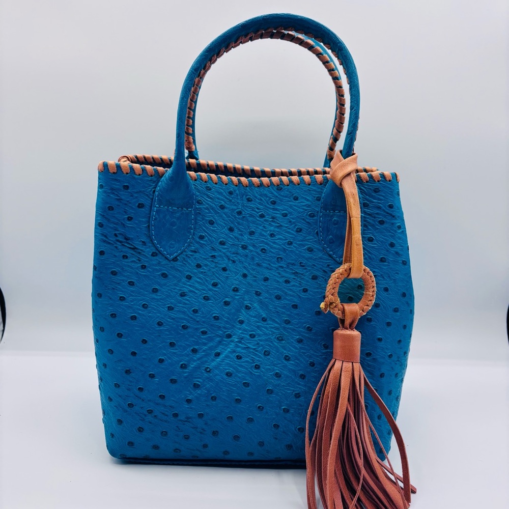 Teal Ostrich Pattern Tote Top Handle Tassel Accent Inner Pockets Handbag